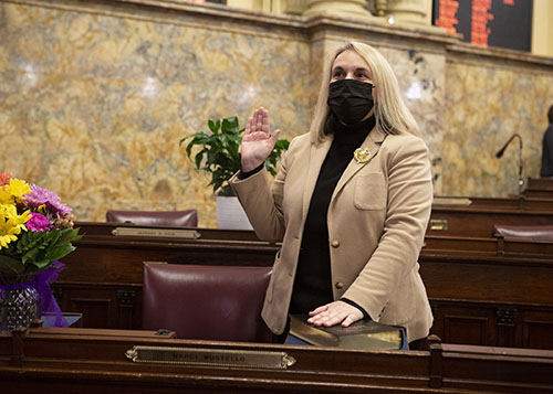 On Tuesday, Jan 5, 2021, Rep. Marci Mustello is sworn into office in the chamber of the House of Representatives. She will begin serving her first full term representing the 11th Legislative District.